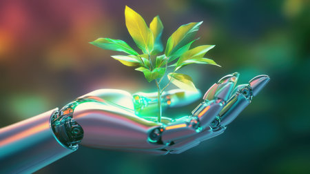 A sleek robotic hand gently cradles a green plant, symbolizing the harmony between technology and nature. This image embodies innovation, care, and growth.の素材