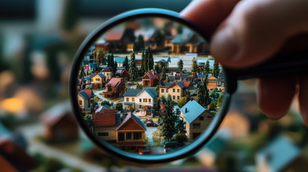 A hand holds a magnifying glass focused on a detailed miniature village, showcasing vibrant homes and lush greenery, perfect for highlighting craftsmanship and creativity.の素材