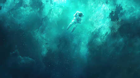 An astronaut drifts alone in a mesmerizing cosmic scene filled with vibrant nebula colors. This image evokes a sense of wonder and adventure in the vast universe.の素材