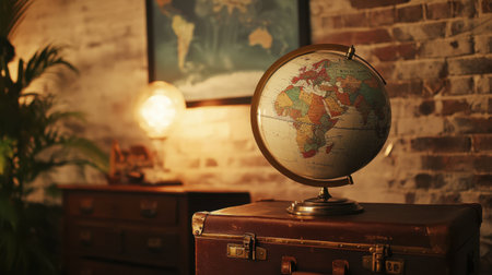 A charming antique globe rests on a vintage suitcase, set against a rustic brick wall. This warm and inviting scene evokes feelings of travel, exploration, and nostalgia.の素材