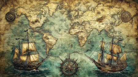 A beautifully illustrated vintage world map featuring sailing ships and nautical elements. Perfect for themes related to adventure, exploration, and maritime history.の素材