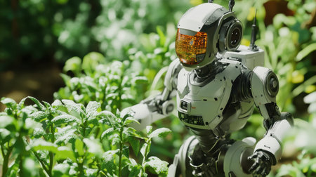 A robotic figure tending to vibrant greenery, showcasing advanced technology in gardening. This image represents the merger of nature and innovation in eco-friendly farming.の素材