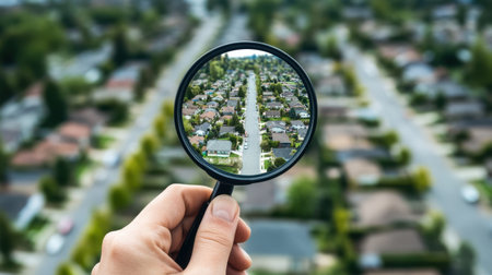 This unique image showcases a suburban neighborhood viewed through a magnifying glass, highlighting the intricate details of homes and streets.の素材