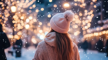 A woman in a winter hat enjoys a magical snowy evening surrounded by festive lights. The warm glow creates a cozy atmosphere, perfect for holiday celebrations.の素材