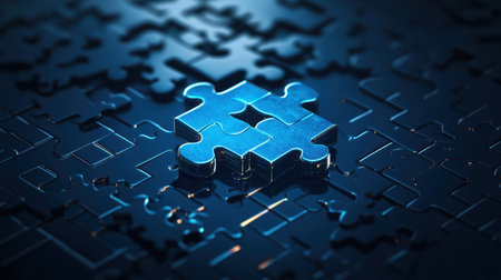 A striking image featuring a single blue puzzle piece resting on a dark background. The shiny texture and intricate details highlight the concept of connection and problem-solving.の素材