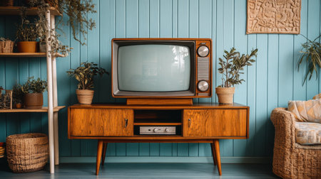 A charming vintage living room featuring a retro television on a wooden cabinet, complemented by potted plants and artistic decor. Perfect for nostalgia.の素材