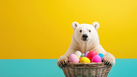 A charming polar bear sits in a wicker basket filled with vibrant Easter eggs, set against a bright yellow and turquoise background, perfect for spring themes.の素材
