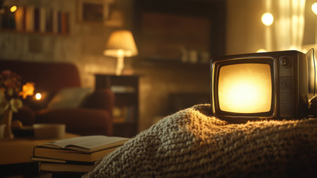 A nostalgic vintage television emits a warm glow in a cozy living room, surrounded by soft furnishings and ambient lighting, creating a tranquil atmosphere perfect for relaxation.の素材