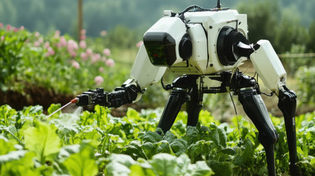 A futuristic agricultural robot sprays crops in a vibrant green field, showcasing the integration of technology in sustainable farming practices for better efficiency and productivity.の素材