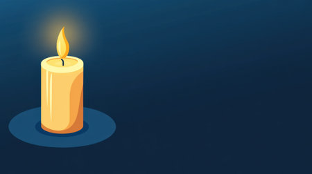 A serene candle with a bright flame glows gently in the dark blue background, creating a warm and peaceful atmosphere perfect for meditation or relaxation.の素材