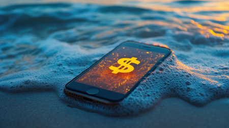 A smartphone displaying a dollar symbol rests on a sandy beach, surrounded by gentle waves at sunset, creating a serene and captivating financial concept.の素材