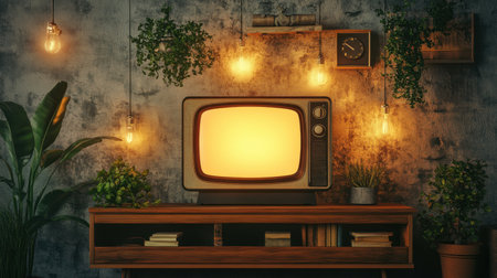 A vintage television sits on a wooden cabinet, surrounded by lush plants and warm ambient lighting, creating a cozy and nostalgic atmosphere in the room.の素材