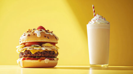 A vibrant image showcasing a mouthwatering burger stacked with toppings alongside a creamy milkshake, all set against a sunny yellow background. Perfect for food-related themes.の素材