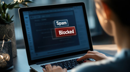 A person blocks spam messages on their laptop, highlighting digital safety in a modern workspace. This image emphasizes the importance of internet security.の素材