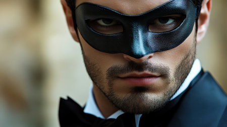 A striking close-up portrait of a handsome man wearing a black mask and formal attire, exuding confidence and mystery. His intense gaze captivates viewers, inviting intrigue.の素材
