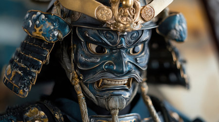 Capture the essence of Japanese heritage with this striking close-up of a samurai armor and kintaro mask, emphasizing intricate details and fierce expression.の素材