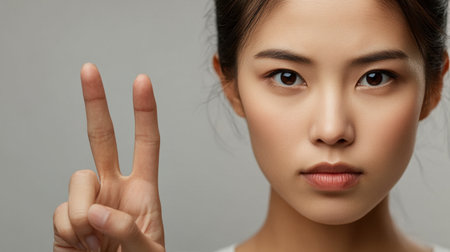 A young woman with a serious expression holds up a peace sign on a gray background. This portrait captures emotions and individuality, emphasizing beauty and confidence.の素材