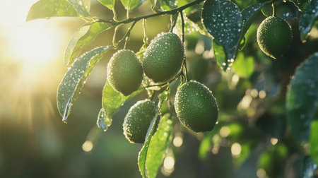 A stunning closeup of fresh green lemons adorned with dew drops, illuminated by the soft light of sunrise, showcasing nature's refreshing beauty and vitality.の素材