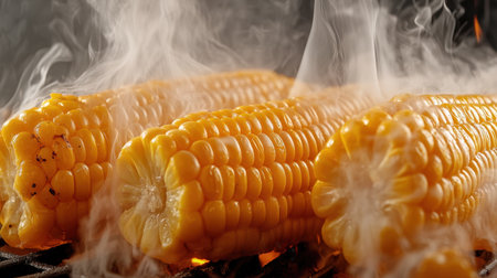 Fresh corn on the cob grilled to perfection, releasing steam and smoke. Captivating image showcasing summer flavors and outdoor cooking. Perfect for food lovers.の素材