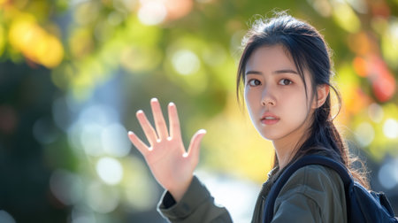 A young woman stands outdoors in a serene autumn park, gently waving her hand with a warm expression, surrounded by colorful foliage and soft sunlight.の素材
