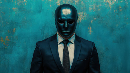 A striking portrayal of a man in a formal suit, wearing a glossy black mask. The vibrant blue background adds a layer of mystery and intrigue to the composition.の素材