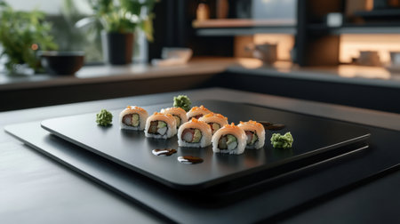 A beautiful arrangement of freshly made sushi rolls on a sleek black plate, garnished with wasabi and drizzled with soy sauce, showcasing modern culinary artistry.の素材
