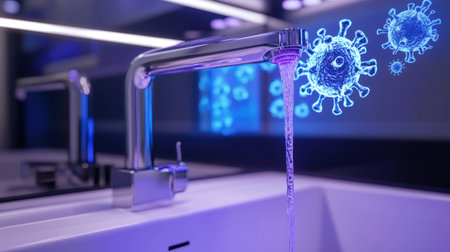 A modern chrome faucet discharges water into a sleek sink, with a digital representation of a virus in the background. This image highlights hygiene and safety measures.の素材