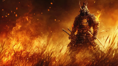 A fierce samurai warrior stands bravely in a fiery battlefield, ready for battle with sword in hand. The scene captures intense emotions and historical depth.の素材
