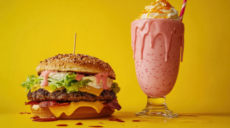 A vibrant composition featuring a delicious burger topped with lettuce, cheese, and sauce alongside a creamy milkshake, perfect for food enthusiasts.の素材