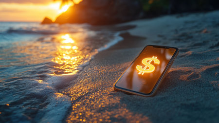 A smartphone displaying a glowing dollar symbol rests on a sandy beach at sunset. The beautiful ocean waves gently lap against the shore, creating a serene atmosphere.の素材