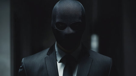 A mysterious figure clad in a black suit and mask embodies tension and secrecy in a dark setting. The image evokes themes of intrigue and suspense.の素材