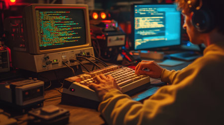 A dedicated programmer intensely types code on a vintage computer in a dimly lit room. The vibrant screen and ambient lights create a focused atmosphere ideal for software development.の素材