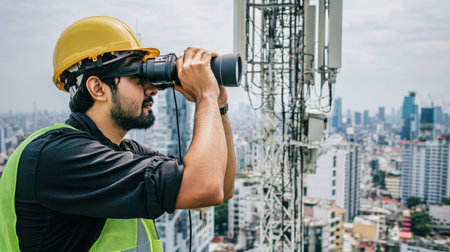 A dedicated worker in a hard hat uses binoculars on a rooftop, overlooking a sprawling urban skyline. The scene showcases the blend of industry and city life.の素材