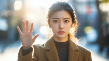 A young woman stands in an urban setting, raising her hand with a serious expression. The soft sunlight highlights her features and conveys a sense of contemplation.の素材