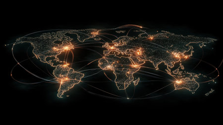 Detailed visualization of global connections showcasing network pathways illuminated with glowing points over a dark backdrop representing modern communication and technology.の素材