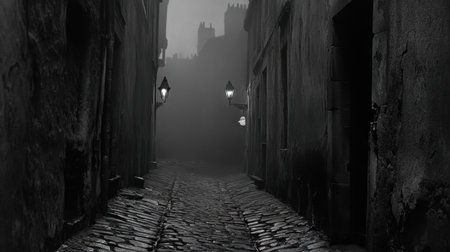 A captivating black and white image of a foggy alleyway, featuring vintage street lamps casting soft light. The cobblestone path adds to the eerie atmosphere, creating a sense of mystery. Perfect for themes of solitude and urban exploration.の素材