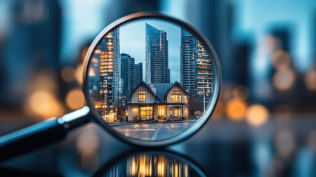A captivating view of modern urban architecture through a magnifying glass, showcasing the contrast between a cozy home and towering skyscrapers at dusk.の素材