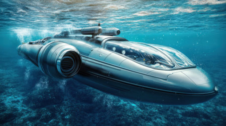 A sleek and modern submarine glides through crystal-clear ocean waters, showcasing advanced technology and a futuristic design. Explore underwater realms.の素材