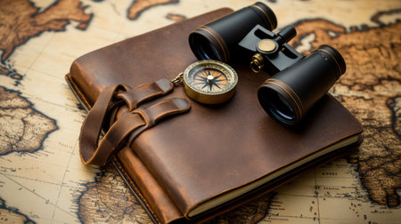 A vintage travel setup featuring binoculars and a compass on an antique map. Perfect for adventure enthusiasts and exploration lovers.の素材