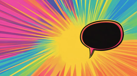 This vibrant and energetic backdrop features a colorful burst design with a blank speech bubble. Perfect for creative projects, discussions, and visual communications.の素材