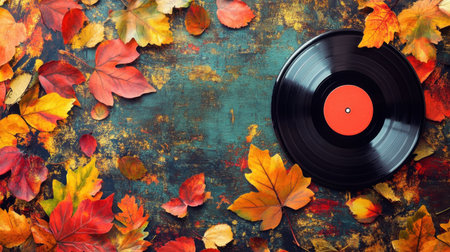 A vintage vinyl record sits amidst vibrant autumn leaves, creating a warm and nostalgic atmosphere. Perfect for music lovers and seasonal decor.の素材