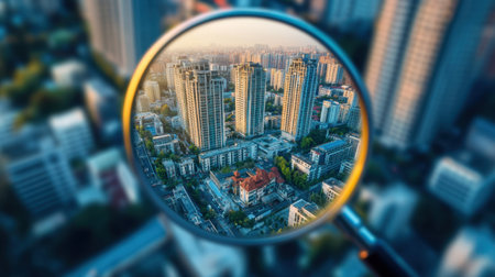 A captivating close-up of a vibrant cityscape observed through a magnifying glass, showcasing modern buildings and urban life in exquisite detail.の素材