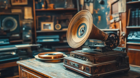 An antique gramophone rests on a rustic wooden table, surrounded by vintage decor in a cozy music shop, evoking nostalgia and a love for old music.の素材