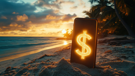 A smartphone displaying a glowing dollar sign rests on sandy beach during a stunning sunset. The scene highlights the blend of technology and nature in a tranquil setting.の素材