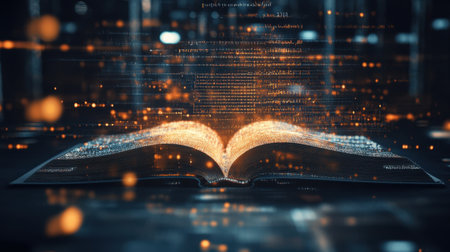 An open book surrounded by glowing data streams in a dark setting. This image symbolizes the fusion of education and technology, representing knowledge in the digital age.の素材