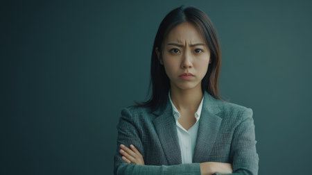 A serious businesswoman displays a focused expression with arms crossed, symbolizing confidence and determination in a modern corporate environment.の素材