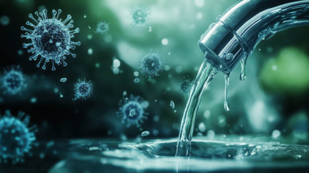 This image showcases water flowing from a tap, surrounded by floating virus graphics, symbolizing the importance of hygiene and safety in health practices.の素材