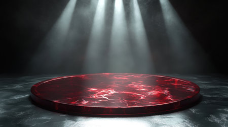 A striking dark stage featuring a red circular platform illuminated by dramatic spotlights, creating an atmospheric and mysterious ambiance ideal for creative presentations or performances.の素材