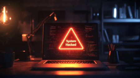 A sleek laptop displays a bright red warning sign indicating a system hack. The dark office background creates an atmosphere of urgency and alertness.の素材