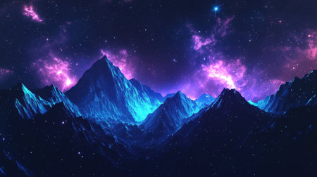 A stunning image of ethereal mountains illuminated by a vibrant cosmic sky filled with stars, creating a dreamlike atmosphere perfect for fantasy-themed projects.の素材